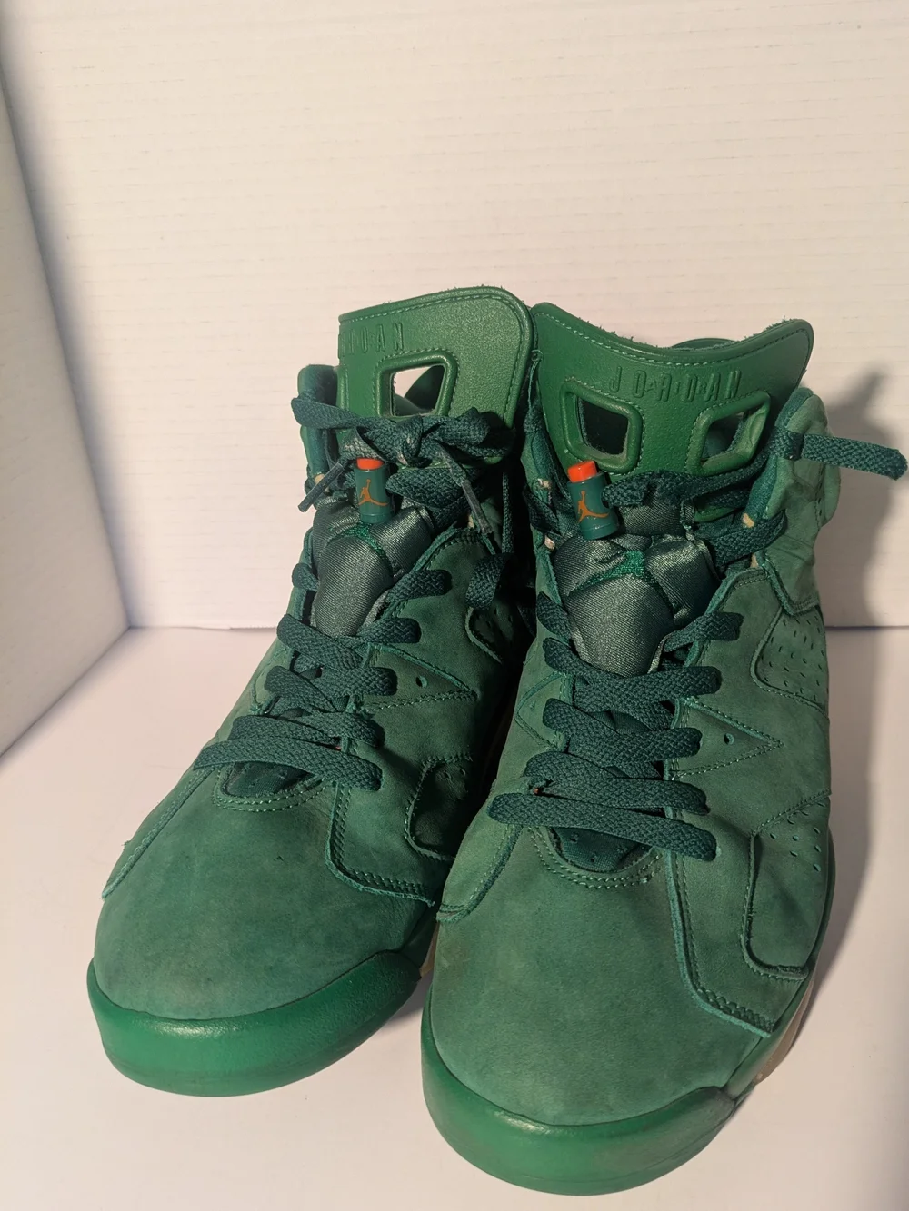 Jordan Men's Green Suede Athletic Shoes with Orange Accents